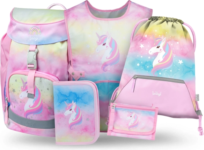 Baagl set 5 Airy Rainbow Unicorn – mochila escolar, estuche, bolsa, delantal y monedero