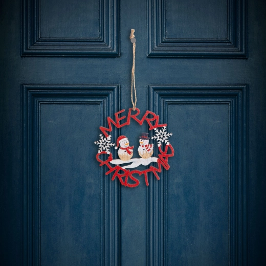 Decoración navideña de madera, muñeco de nieve rojo, 10 cm