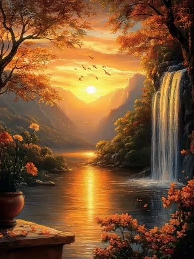 Pintura con diamantes Norimpex cascada al atardecer 30 × 40 cm