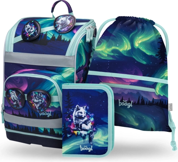 Baagl set escolar Zippy Plus Aurora: cartera escolar, estuche y bolsa con certificación GRS