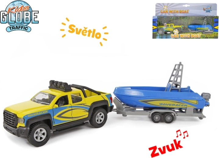 Kids Globe Traffic camión tractor con barco 27 cm, modelo metálico con luz y sonido