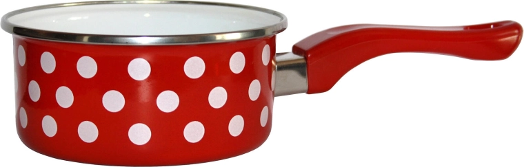Cazo esmaltado con mango 16 cm, 1,5 l – lunares rojos