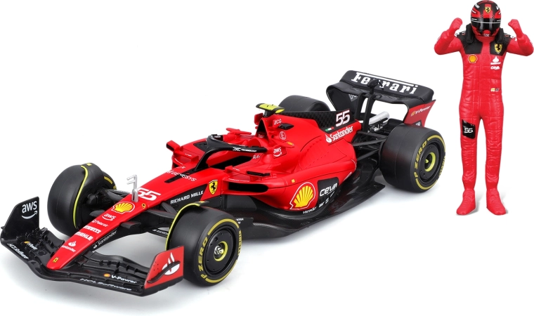 Ferrari F1 SF-23 1:24 con figura del piloto y vitrina de exposición de Bburago