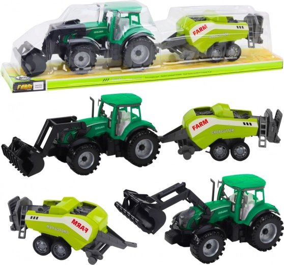 Tractor verde con cargador frontal y empacadora de heno – set de granja de plástico para niños