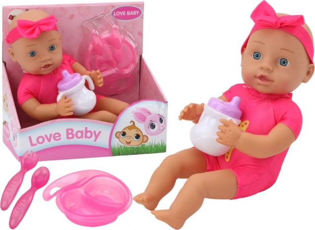 Muñeca de tela bebé con gorrito rosa y set de alimentación