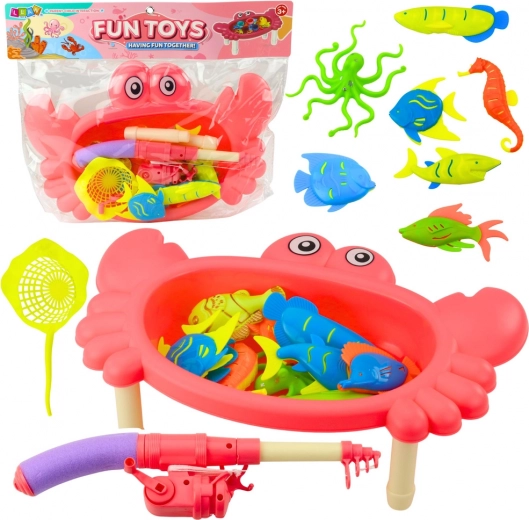 Set de pesca de sobremesa cangrejo – rosa, 10 pececitos, caña y red