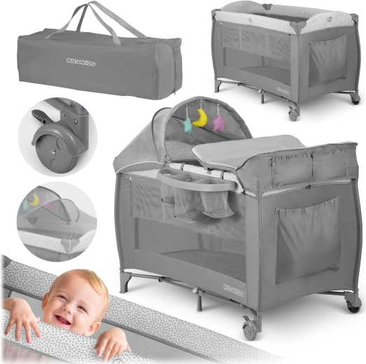 Cuna de viaje con colchón y bolsa de transporte 125×65×78 cm, gris