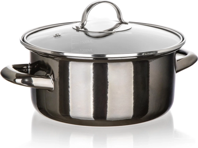 Olla esmaltada con tapa de vidrio 20 cm, 2 l, Metallic Black