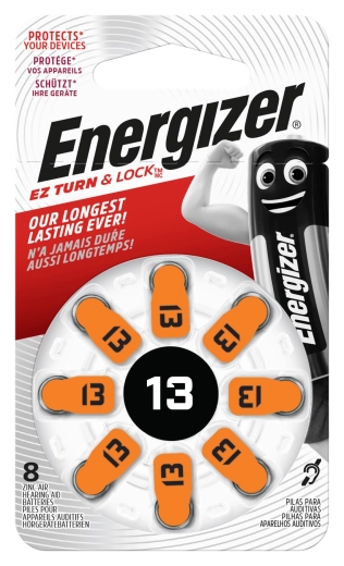 Pilas de botón Energizer para audífonos 13, 1,4 V, paquete de 8 uds.