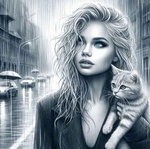 Pintura con diamantes Mujer de ojos azules con gato 30 × 40 cm