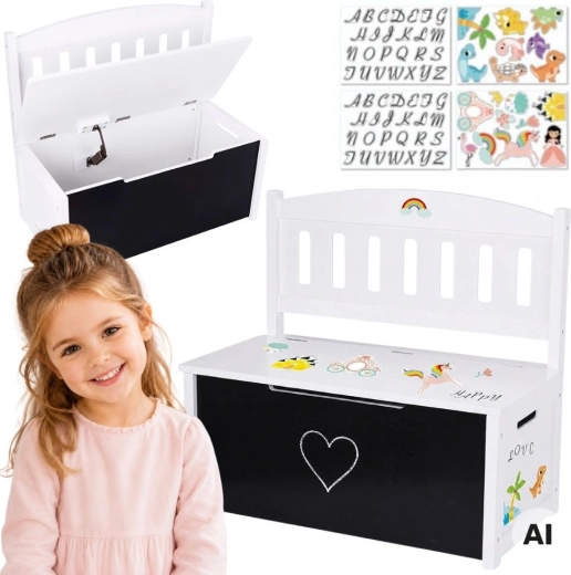 Tooky Toy baúl de madera para juguetes 3 en 1 con banco y pizarra de dibujo
