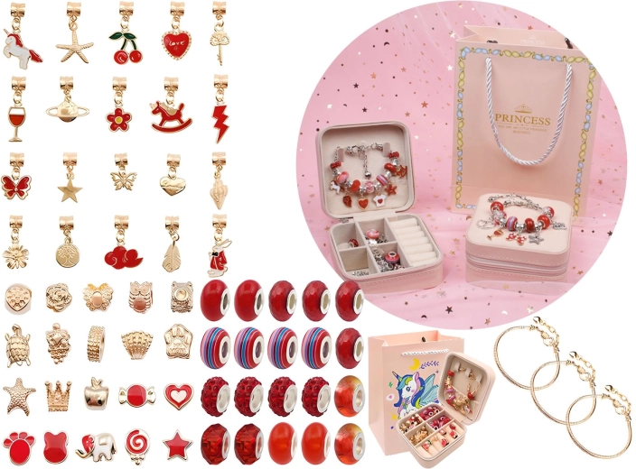 Set para hacer joyas y pulseras con colgantes y cuentas en tonos rojos