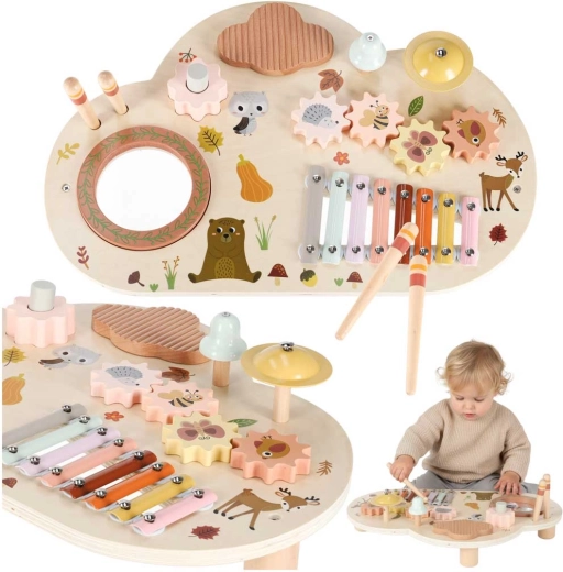Mesa musical activa de madera para niños con xilófono y campanilla