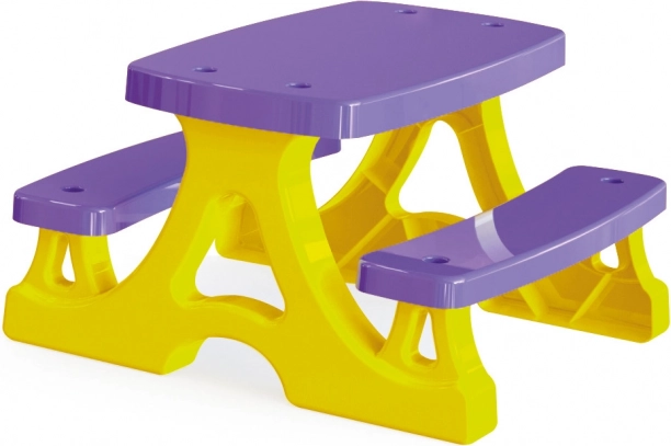 Mesa de picnic de plástico con bancos, amarillo‑morado