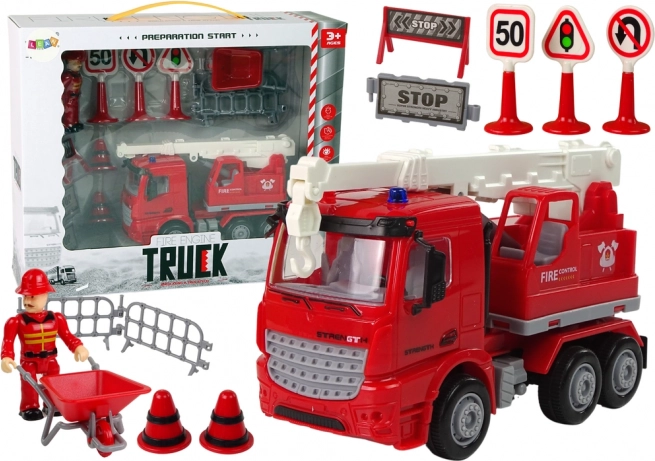 Set de bomberos con grúa y señales de tráfico