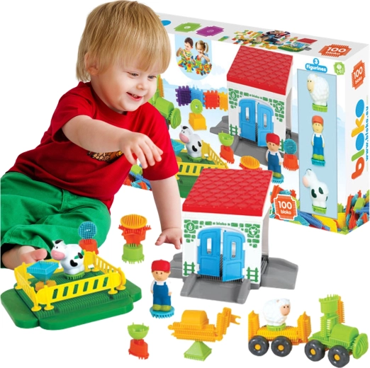Mochtoys juego de construcción con bloques encajables Granja, 100 piezas y 3 figuras
