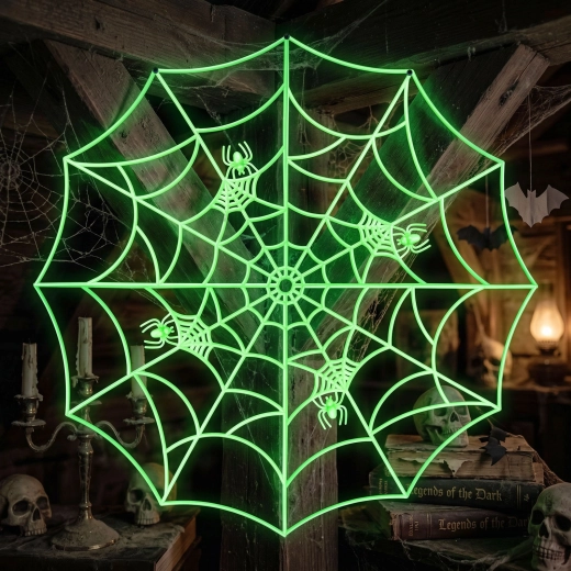 Decoración de esquina fosforescente con forma de telaraña, verde, 30 × 30 cm – 4 unidades