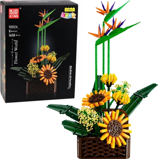 Set de construcción: composición floral de strelitzia y girasoles en maceta (1608 piezas)