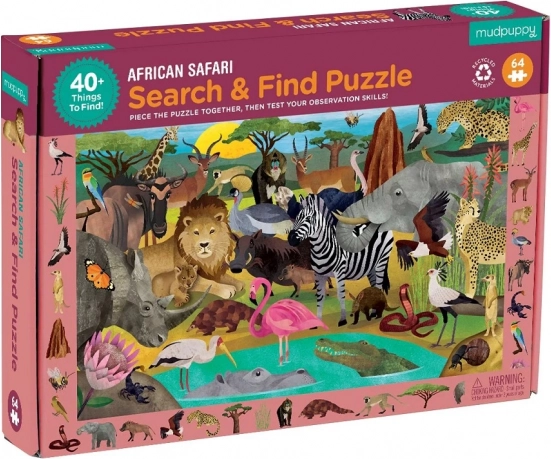 Puzzle Mudpuppy Safari: arma y busca, 64 piezas