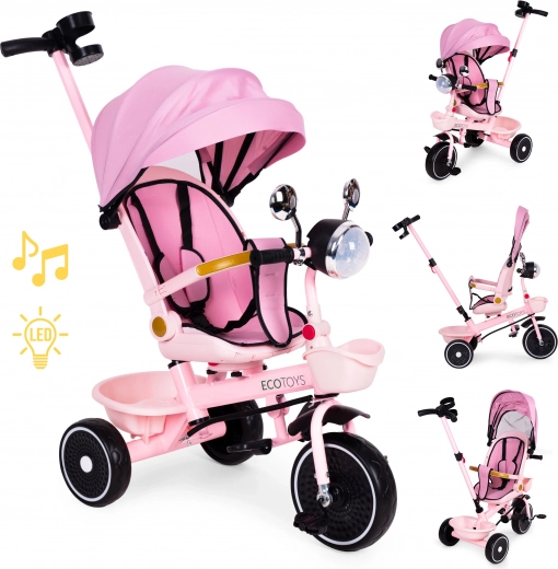 Cochecito triciclo infantil rosa con asiento giratorio y barra de empuje ecotoys