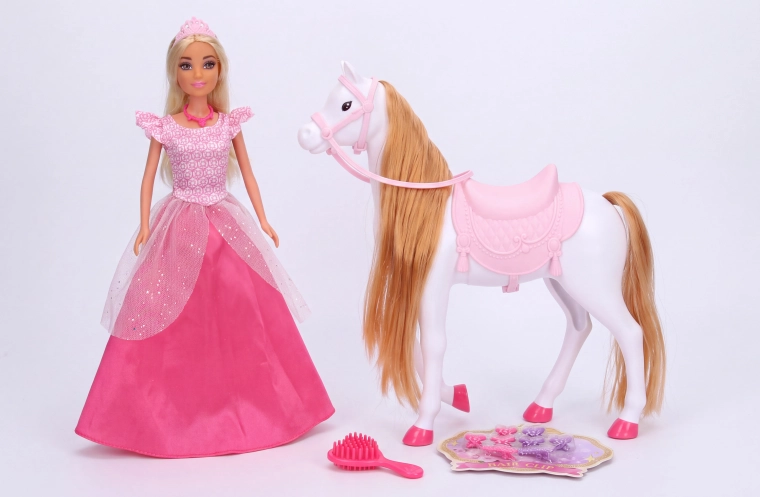 Caballo rosa con muñeca de 26 cm