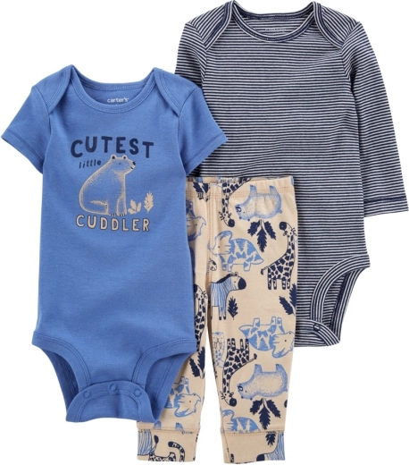 CARTER'S set de 3 piezas: body de manga corta, body de manga larga y pantalón Blue Safari para niños – 3 meses
