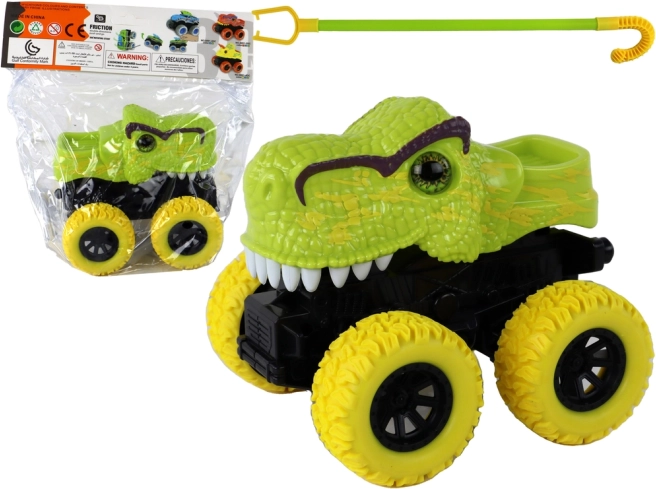 Monster truck dinosaurio con ruedas de goma verdes