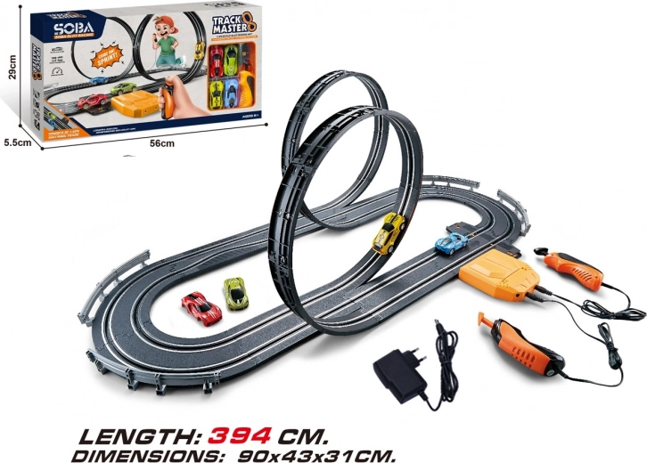 Pista de carreras a escala 1:64 con 2 coches y controlador de alimentación