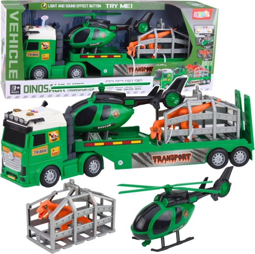 Set de transporte infantil con camión tractor, helicóptero y jaula para dinosaurio con luces y sonidos