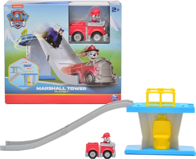 Mini torre de Paw Patrol con pista de descenso y vehículo de bomberos Marshall