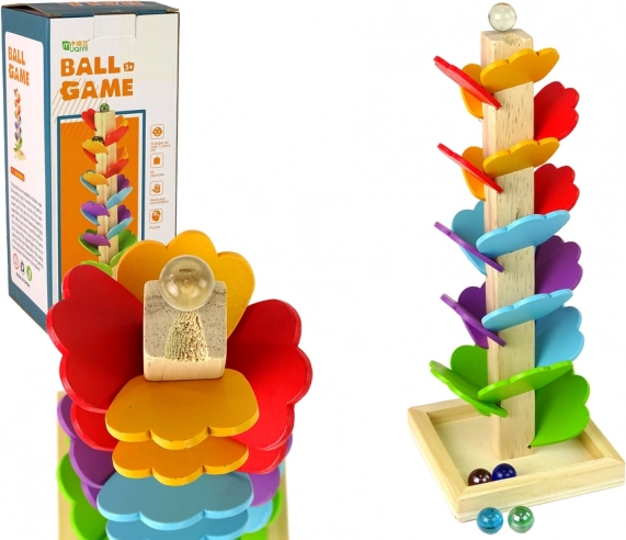 Árbol de canicas de madera: pista de canicas de colores con hojas