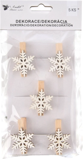 Mini pinzas decorativas de madera Copo de nieve blancas 5 uds