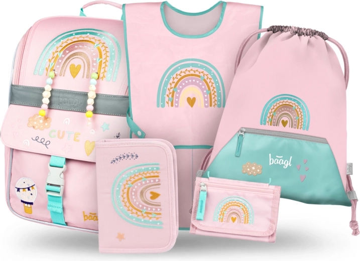 Set escolar Baagl 5 en 1 Zippy Arcoíris rosa – cartera escolar, estuche, bolsa, delantal y monedero