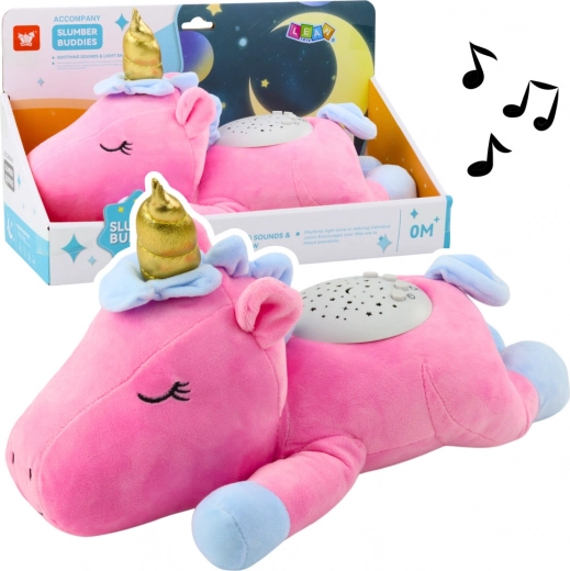 Unicornio de peluche rosa con proyector y nanas