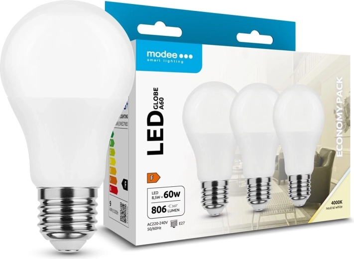 Bombilla LED Modee Globe A60 8,5 W E27, 806 lm, blanco neutro, paquete de 3 uds