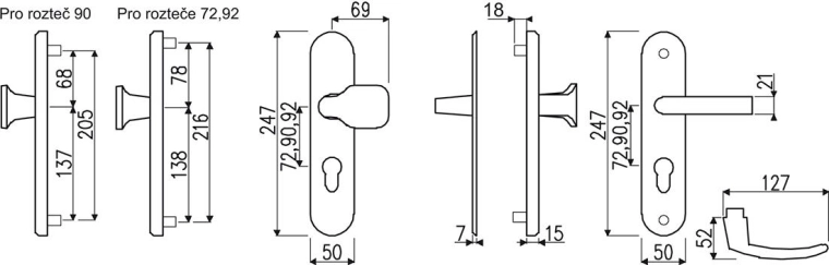 Herraje de seguridad RICHTER R.101, distancia 90 mm, anodizado plata