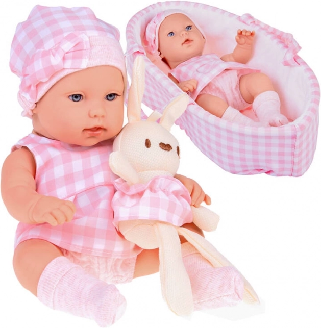 Muñeca de recién nacido realista con capazo y conejito de peluche, rosa