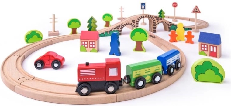 Vía de tren de madera en forma de ocho con puente