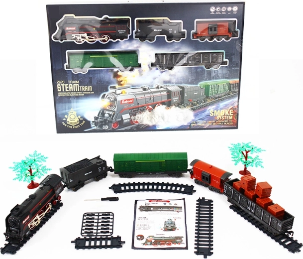 Ferrocarril eléctrico: locomotora de vapor con luz, sonido y humo, 68 piezas