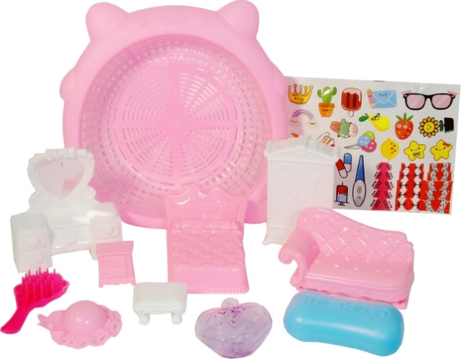 set colorido de muebles infantiles con cesta y pegatinas