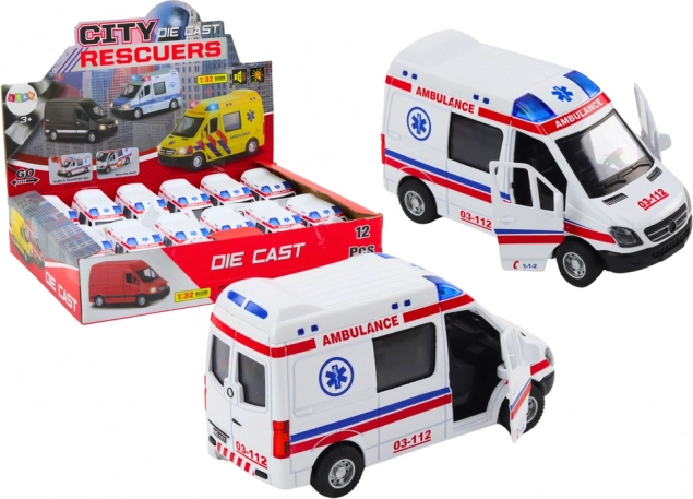 Juguete de ambulancia con puertas abatibles, luces y sonidos 1:32 blanca