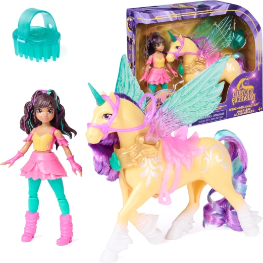 Unicorn Academy alas mágicas – muñeca Ava y unicornio Leaf con accesorios
