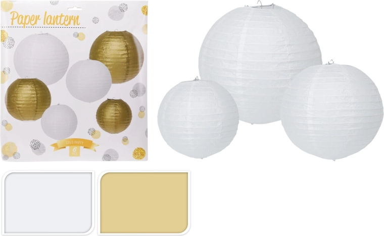 Farolillos de papel para fiesta blancos y dorados, set de 6 uds (30/25/20 cm)