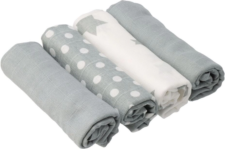 Pañales de muselina de algodón NEW BABY Softy con estampado 70 × 70 cm, 4 uds., gris‑blanco