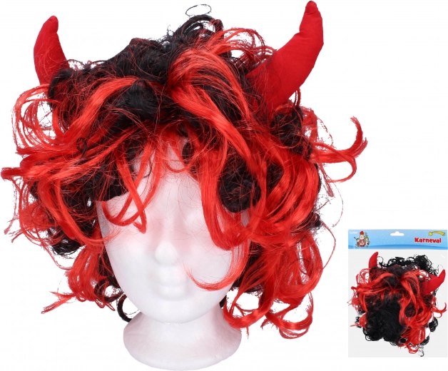 Peluca con cuernos rojos para diablos y diablesas