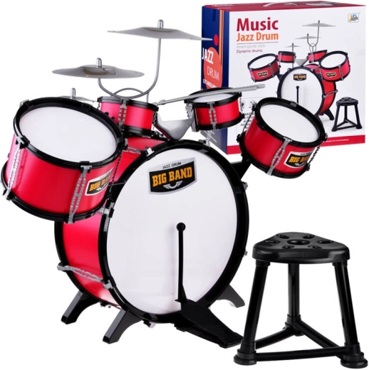 Batería rock infantil con platillos, baquetas y taburete – Roja, 3 platillos