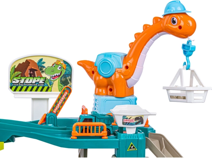Grúa de dinosaurio y pista de canicas