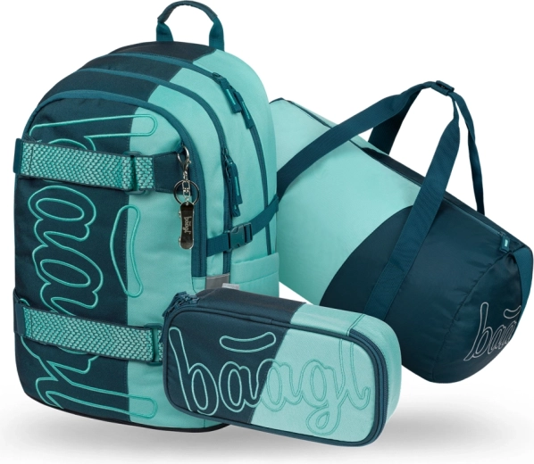 Baagl set 3 Skate Petrol: mochila escolar, estuche y bolsa deportiva plegable GRS