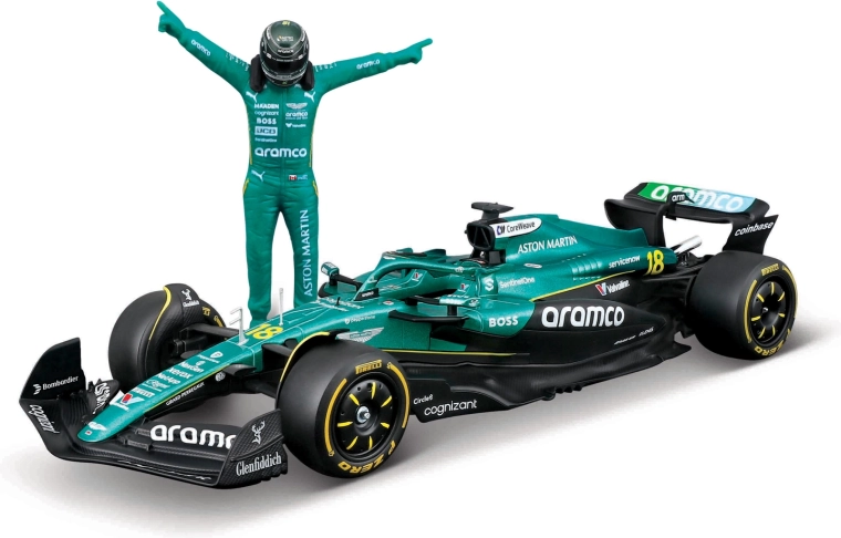 Modelo de Fórmula 1 Bburago Aston Martin AMR25 2025 Lance Stroll (número 18) 1:24 con figura del piloto