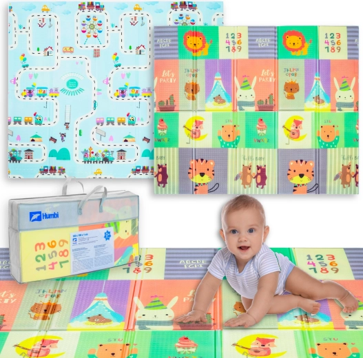 Alfombra infantil de espuma plegable y reversible Humbi 180 × 150 × 1 cm con animales y carreteras